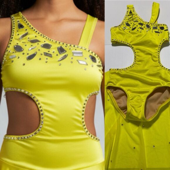 Custom solo dance costume neon yellow lyrical stoned leotard MC-Medium child Custom solo dance costume neon yellow lyrical stoned leotard MC-Medium child